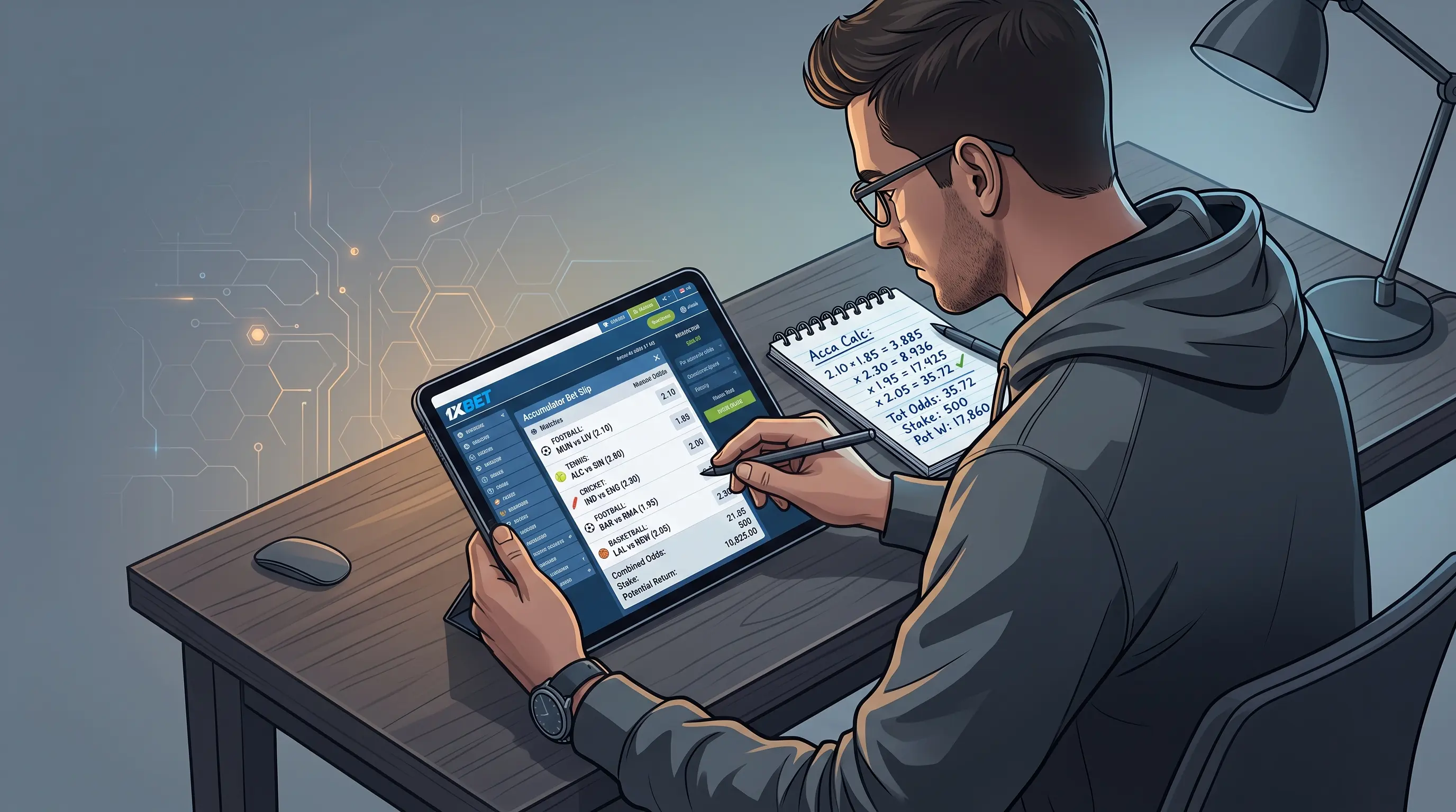Person analysing an accumulator bet slip on a tablet, illustrating how a 1xbet free bet promo code works.
