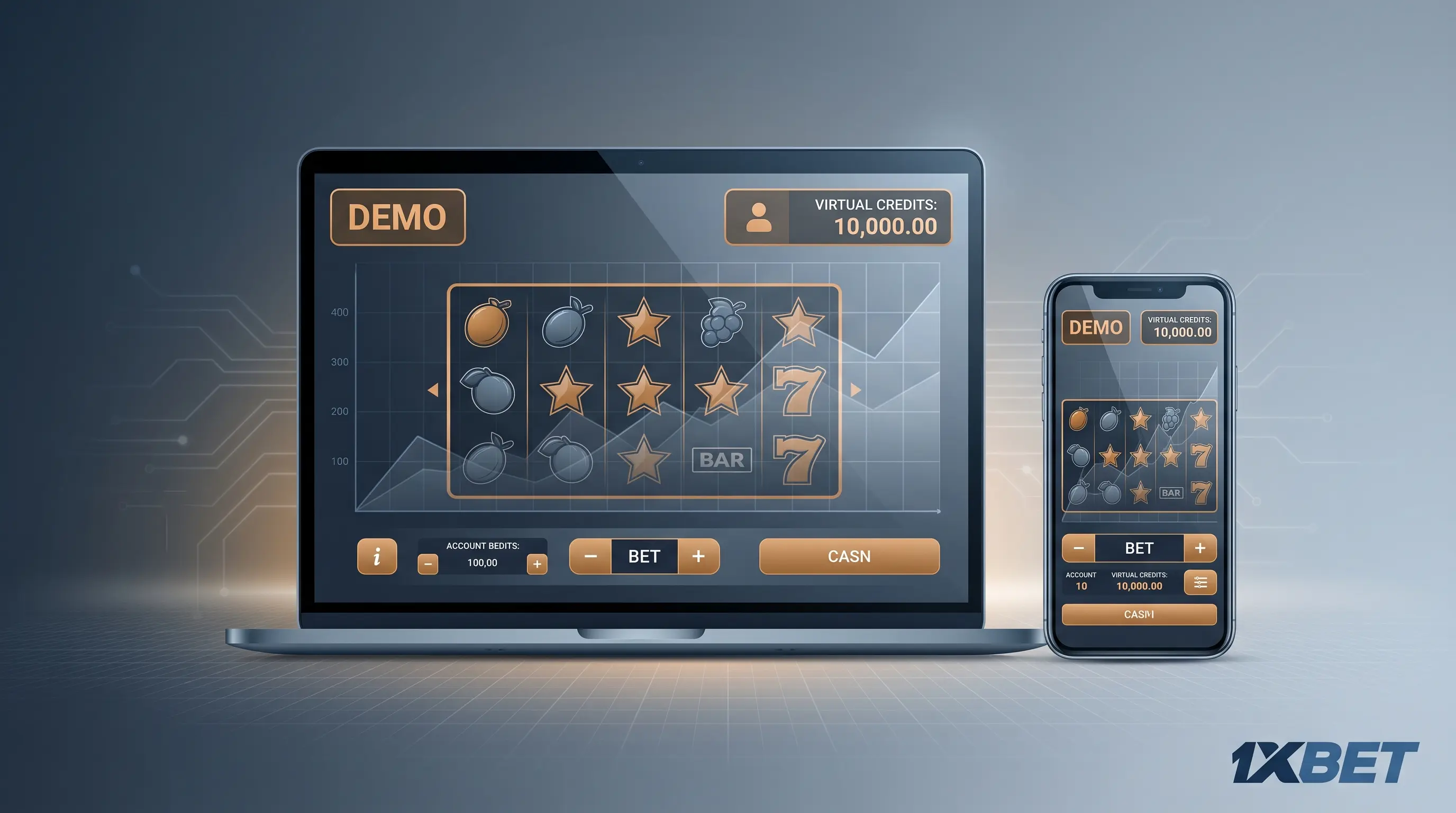 Laptop and smartphone showing a generic demo interface, illustrating how a 1xbet demo account works.